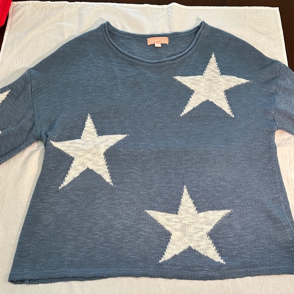 Lightweight Blue Sweater with White Stars and Bell Sleeves
